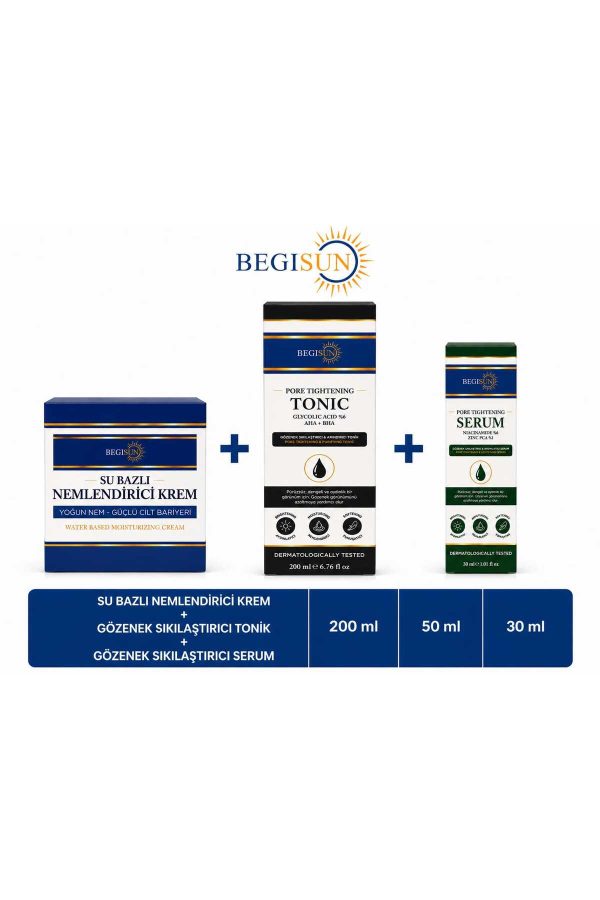 3’lü Gözenek Bakım Seti – Su Bazlı Nemlendirici Krem 50 ml + %6 Glikolik Asit AHA BHA Tonik 200 ml + %6 Niacinamide Zinc PCA Serum 30 ml