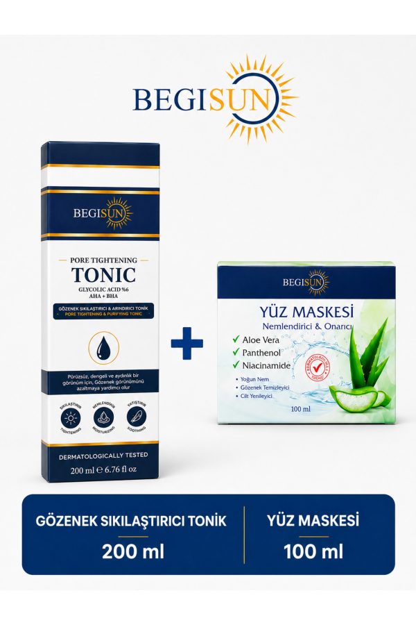 Gözenek Sıkılaştırıcı AHA BHA Tonik 200 ml + Aloe Vera Niacinamide Yüz Maskesi 100 ml Cilt Bakım Seti