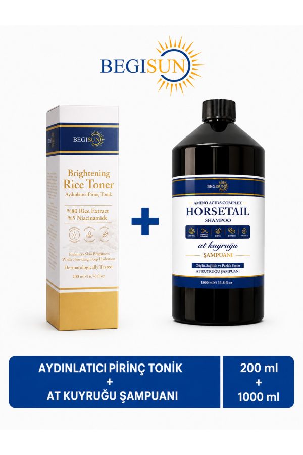 Aydınlatıcı Pirinç Tonik Pirinç Özlü ve %5 Niacinamide 200 ml + At Kuyruğu Şampuanı 1000 ml Bakım Seti