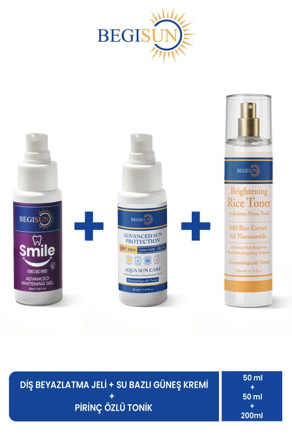 Diş Beyazlatma Jeli 50 ml + SPF 50+ Su Bazlı Güneş Kremi 50 ml + Pirinç Özlü Aydınlatıcı Tonik 200 ml Avantaj Seti