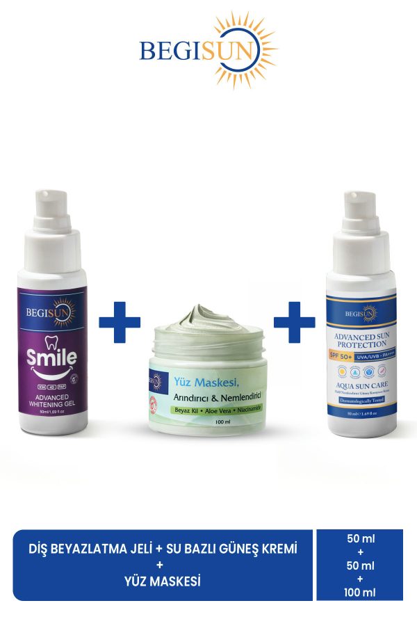 3'lü Kişisel Bakım Seti - Diş Beyazlatma Jeli 50 ml + Yüz Maskesi 100 ml + SPF 50+ Güneş Kremi 50 ml