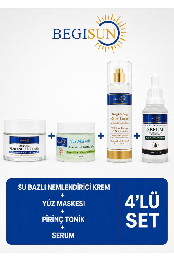 4’lü Cilt Bakım Seti Su Bazlı Nemlendirici Krem + Yüz Maskesi + Pirinç Toniği + Serum