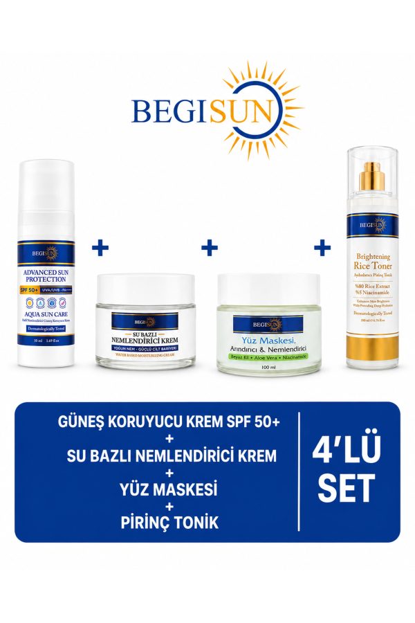 4’lü Cilt Bakım Seti SPF 50+ Güneş Kremi + Su Bazlı Nemlendirici Krem + Yüz Maskesi + Pirinç Toniği
