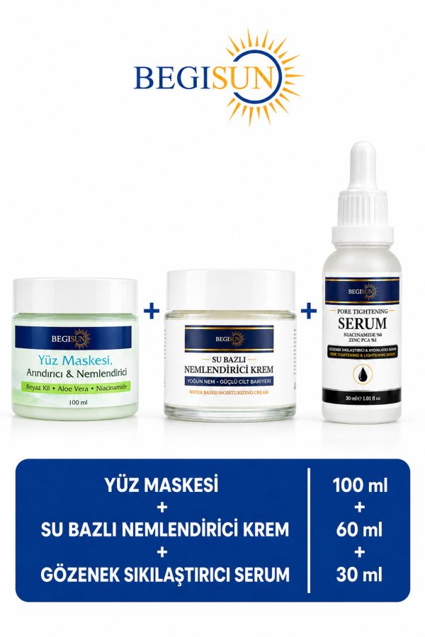 3’lü Cilt Bakım Seti – Yüz Maskesi 100 ml + Su Bazlı Nemlendirici Krem 60 ml + Gözenek Sıkılaştırıcı Serum 30 ml