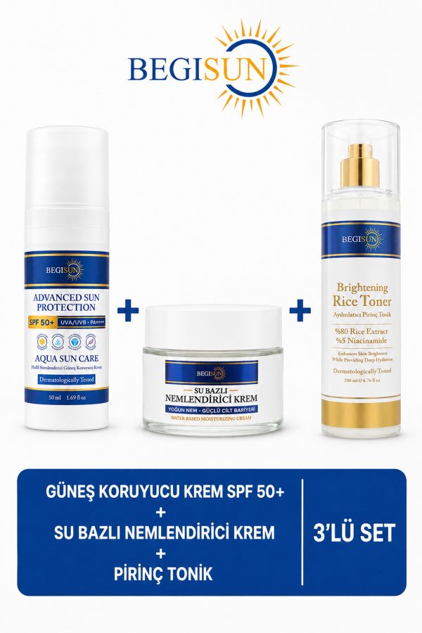 3’lü Cilt Bakım Seti – SPF50+ Güneş Kremi 50 ml + Su Bazlı Nemlendirici Krem + Pirinç Özlü Tonik 200 ml