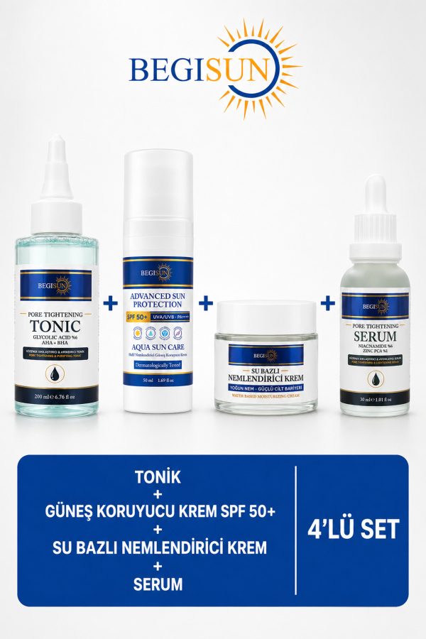 4’lü Cilt Bakım Seti Tonik + SPF 50+ Güneş Kremi + Su Bazlı Nemlendirici + Serum