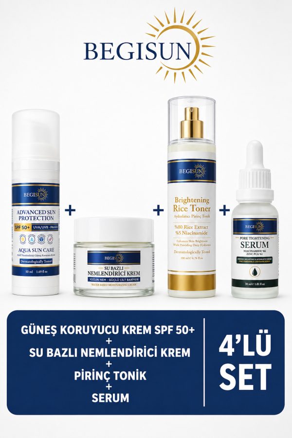 4’lü Cilt Bakım Seti SPF 50 Güneş Kremi+ Nemlendirici Krem +Pirinç Toniği +Serum