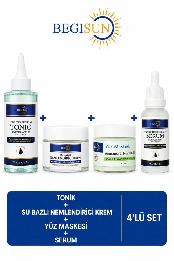 4’lü Cilt Bakım Seti Gözenek Sıkılaştırıcı Tonik + Su Bazlı Nemlendirici Krem + Yüz Maskesi + Serum