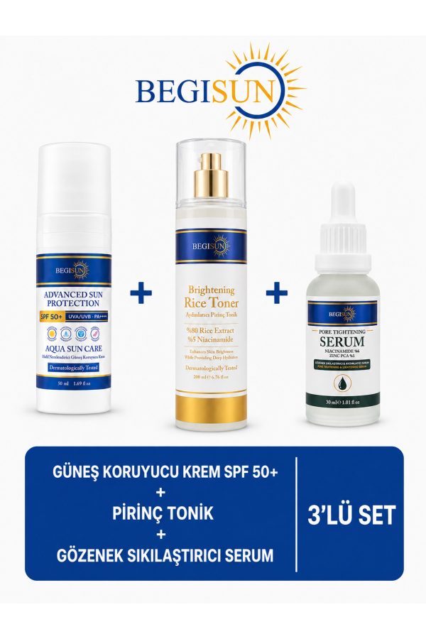 3’lü Cilt Bakım Seti – SPF 50+ Güneş Kremi + Pirinç Tonik + Gözenek Sıkılaştırıcı Serum
