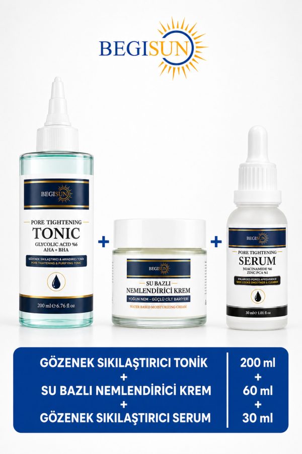 Gözenek Sıkılaştırıcı Tonik 200 ml + Su Bazlı Nemlendirici Krem 60 ml + Gözenek Sıkılaştırıcı Serum 30 ml 3'lü Cilt Bakım Seti