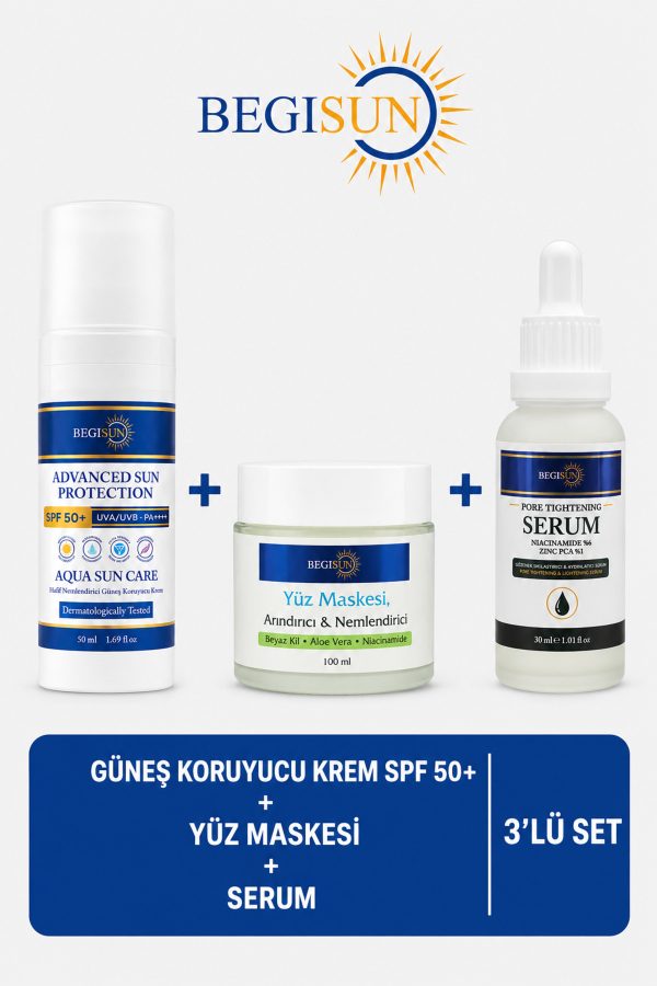 3’lü Cilt Bakım Seti Güneş Koruyucu SPF 50+ Yüz Maskesi+ Serum