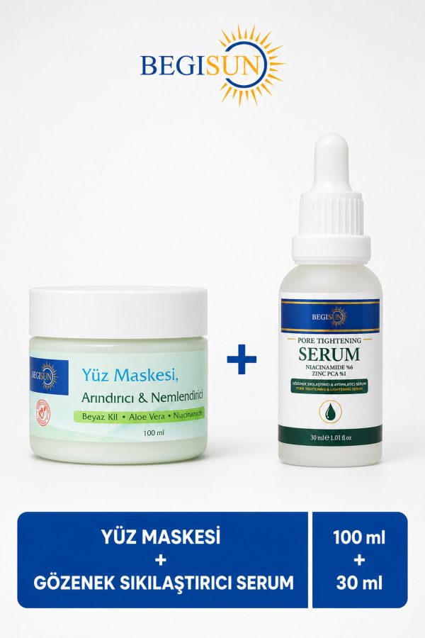 Yüz Maskesi 100 ml + Gözenek Sıkılaştırıcı Niacinamide Serum 30 ml İkili Cilt Bakım Seti