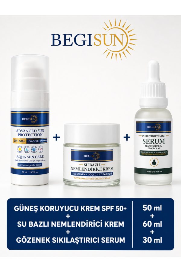 Güneş Koruyucu Krem SPF 50+ 50 ml + Su Bazlı Nemlendirici Krem 60 ml + Gözenek Sıkılaştırıcı Serum 30 ml 3'lü Cilt Bakım Seti