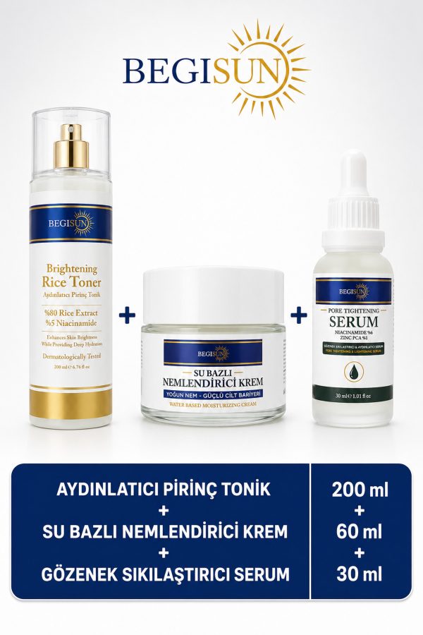 Aydınlatıcı Pirinç Tonik 200 ml + Su Bazlı Nemlendirici Krem 60 ml + Gözenek Sıkılaştırıcı Serum 30 ml 3'lü Cilt Bakım Seti