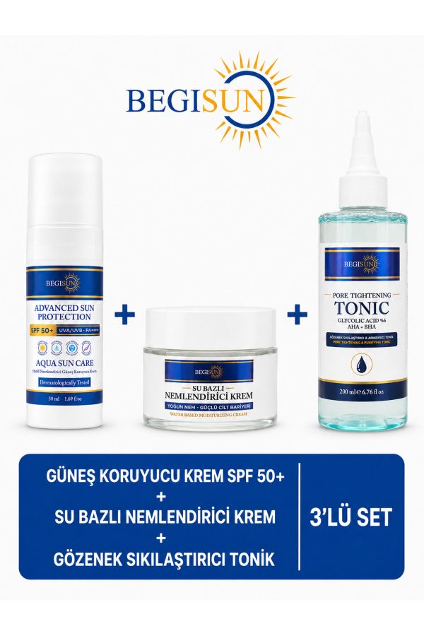 3’lü Cilt Bakım Seti – SPF 50+ Güneş Kremi + Su Bazlı Nemlendirici + Gözenek Sıkılaştırıcı Tonik